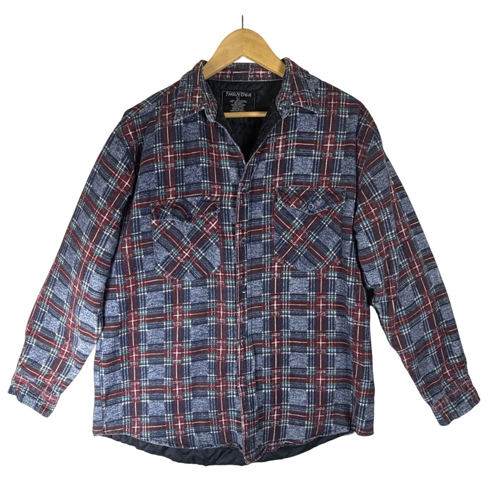 Thunder Mens Blue Red Plaid Quilted Lined Flannel Shirt Jacket Size L Shacket